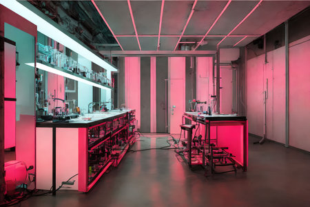 futuristic interior design research laboratory room with neon light, generative art by A.Iの素材