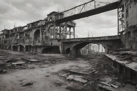 abandon broken bridge during world war, generative art by A.Iの素材