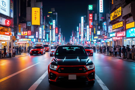 pick up truck at japan street car night, generative art by A.I.の素材