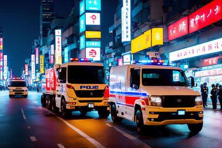 pick up truck at japan street car night, generative art by A.I.の素材