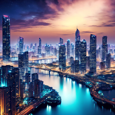future fantasy modern city at night time, generative art by A.I.の素材