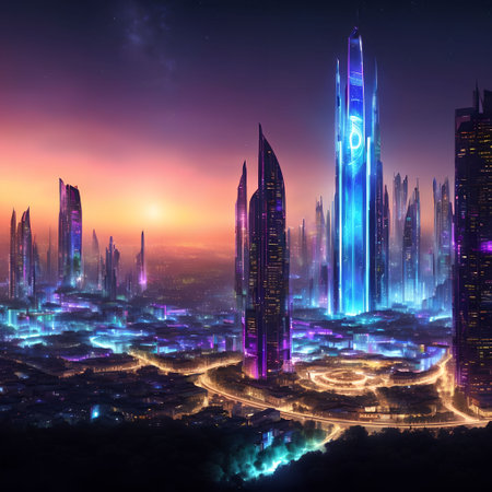 future fantasy modern city at night time, generative art by A.I.の素材