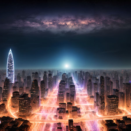future fantasy modern city at night time, generative art by A.I.の素材
