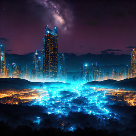 future fantasy modern city at night time, generative art by A.I.の素材