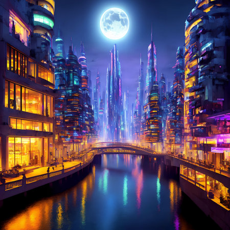 future fantasy modern city at night time, generative art by A.I.の素材