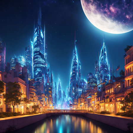 future fantasy modern city at night time, generative art by A.I.の素材