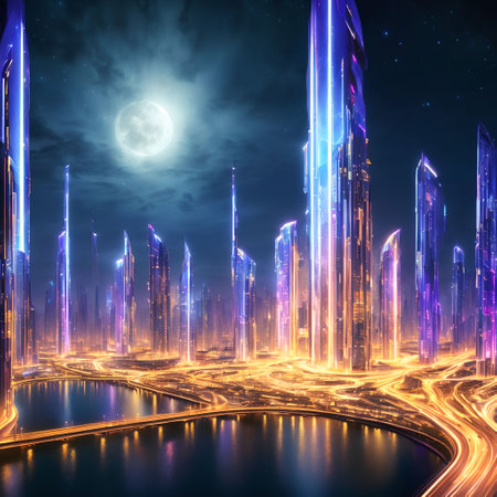 future fantasy modern city at night time, generative art by A.I.の素材