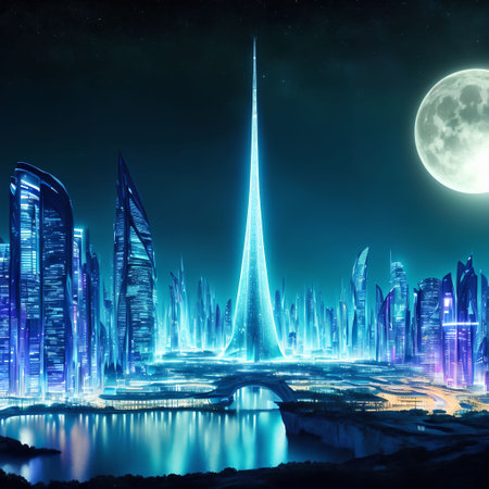 future fantasy modern city at night time, generative art by A.I.の素材