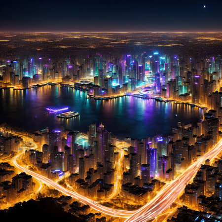 future fantasy modern city at night time, generative art by A.I.の素材