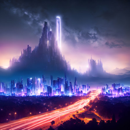 future fantasy modern city at night time, generative art by A.I.の素材