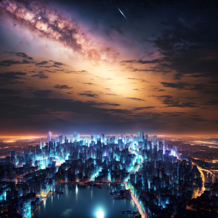 future fantasy modern city at night time, generative art by A.I.の素材
