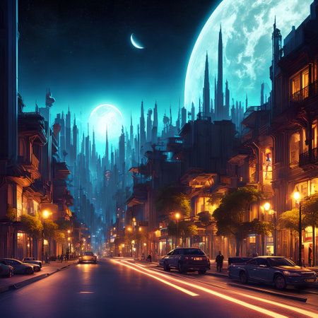 future fantasy modern city at night time, generative art by A.I.の素材