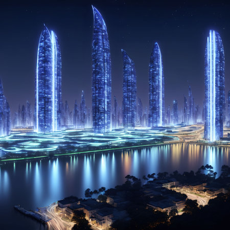 future fantasy modern city at night time, generative art by A.I.の素材