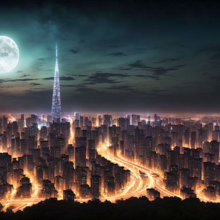 future fantasy modern city at night time, generative art by A.I.の素材