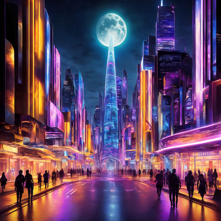 future fantasy modern city at night time, generative art by A.I.の素材