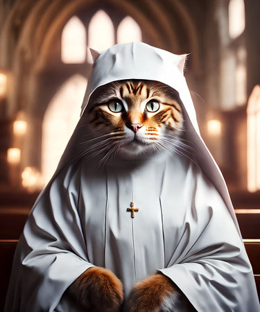 little cat dress as a nun at the church, generative art by A.I.の素材
