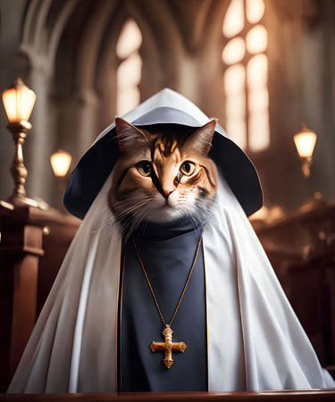 little cat dress as a nun at the church, generative art by A.I.の素材