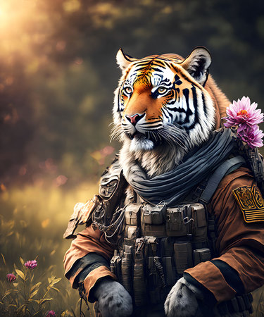 strong tiger dress as a military outfit, generative art by A.I.の素材