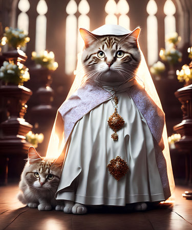 little cat dress as a nun at the church, generative art by A.I.の素材