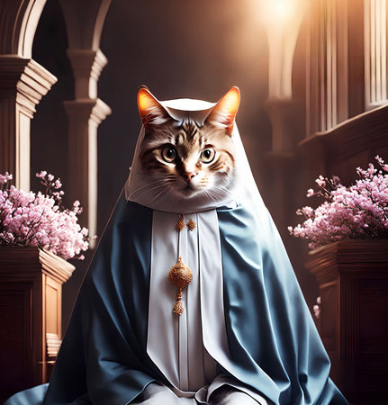 little cat dress as a nun at the church, generative art by A.I.の素材