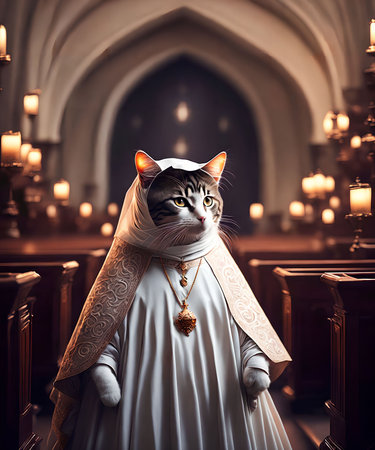 little cat dress as a nun at the church, generative art by A.I.の素材