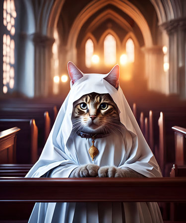 little cat dress as a nun at the church, generative art by A.I.の素材