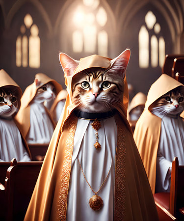 little cat dress as a nun at the church, generative art by A.I.の素材