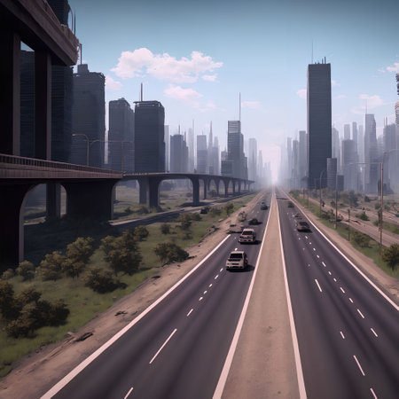 post apocalyptic city with highway, generative art by A.I.の素材