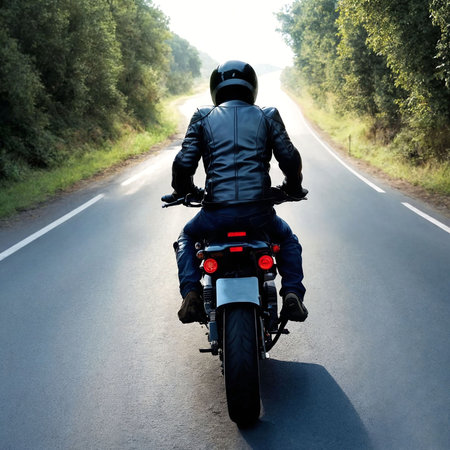 photo of man riding a bike on road, Generative AIの素材