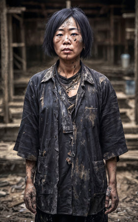 Poor homeless people in dirty cloth at dark and dirty messy place, generative aiの素材