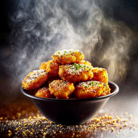 close up of food photography fried chicken stick with black background , generative AIの素材