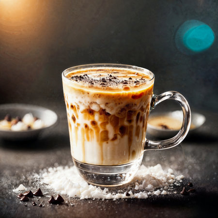 close up of food photography Iced Coffee latte with whipped cream with black background , generative AIの素材