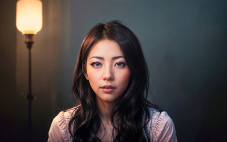 beautiful asian middle aged woman at house apartment, generative AIの素材