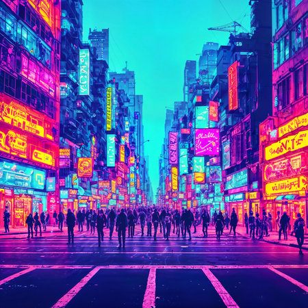 crowd of people in neon city world at night, generative AIの素材