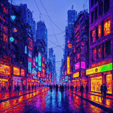 crowd of people in neon city world at night, generative AIの素材