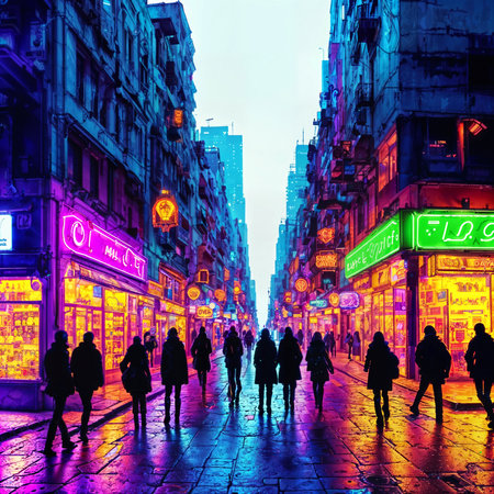 crowd of people in neon city world at night, generative AIの素材