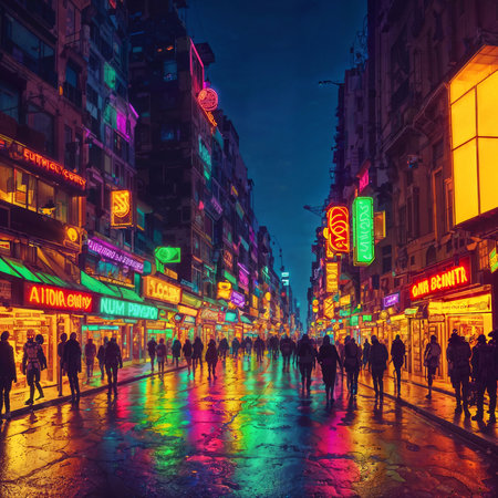 crowd of people in neon city world at night, generative AIの素材