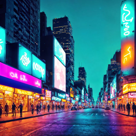 crowd of people in neon city world at night, generative AIの素材