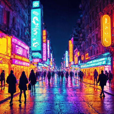 crowd of people in neon city world at night, generative AIの素材