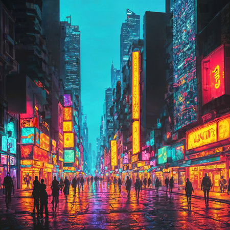 crowd of people in neon city world at night, generative AIの素材
