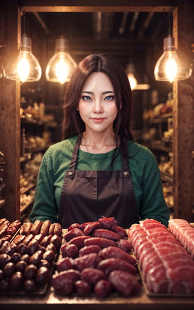 photo of beautiful woman as a shopkeeper at the market, generative AIの素材