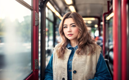 beautiful woman standing inside public bus transport, generative AIの素材