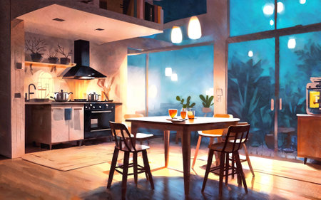 illustration digital painting drawing of modern minimal kitchen room, generative AIの素材