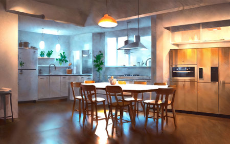 illustration digital painting drawing of modern minimal kitchen room, generative AIの素材