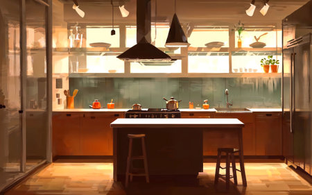 illustration digital painting drawing of modern minimal kitchen room, generative AIの素材