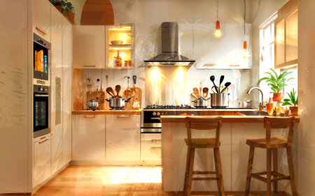 illustration digital painting drawing of modern minimal kitchen room, generative AIの素材