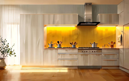 illustration digital painting drawing of modern minimal kitchen room, generative AIの素材