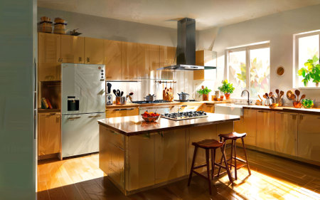 illustration digital painting drawing of modern minimal kitchen room, generative AIの素材