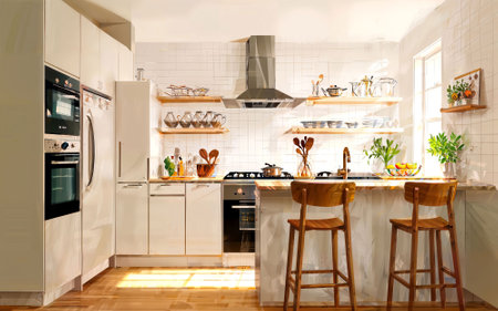 illustration digital painting drawing of modern minimal kitchen room, generative AIの素材
