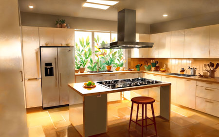 illustration digital painting drawing of modern minimal kitchen room, generative AIの素材
